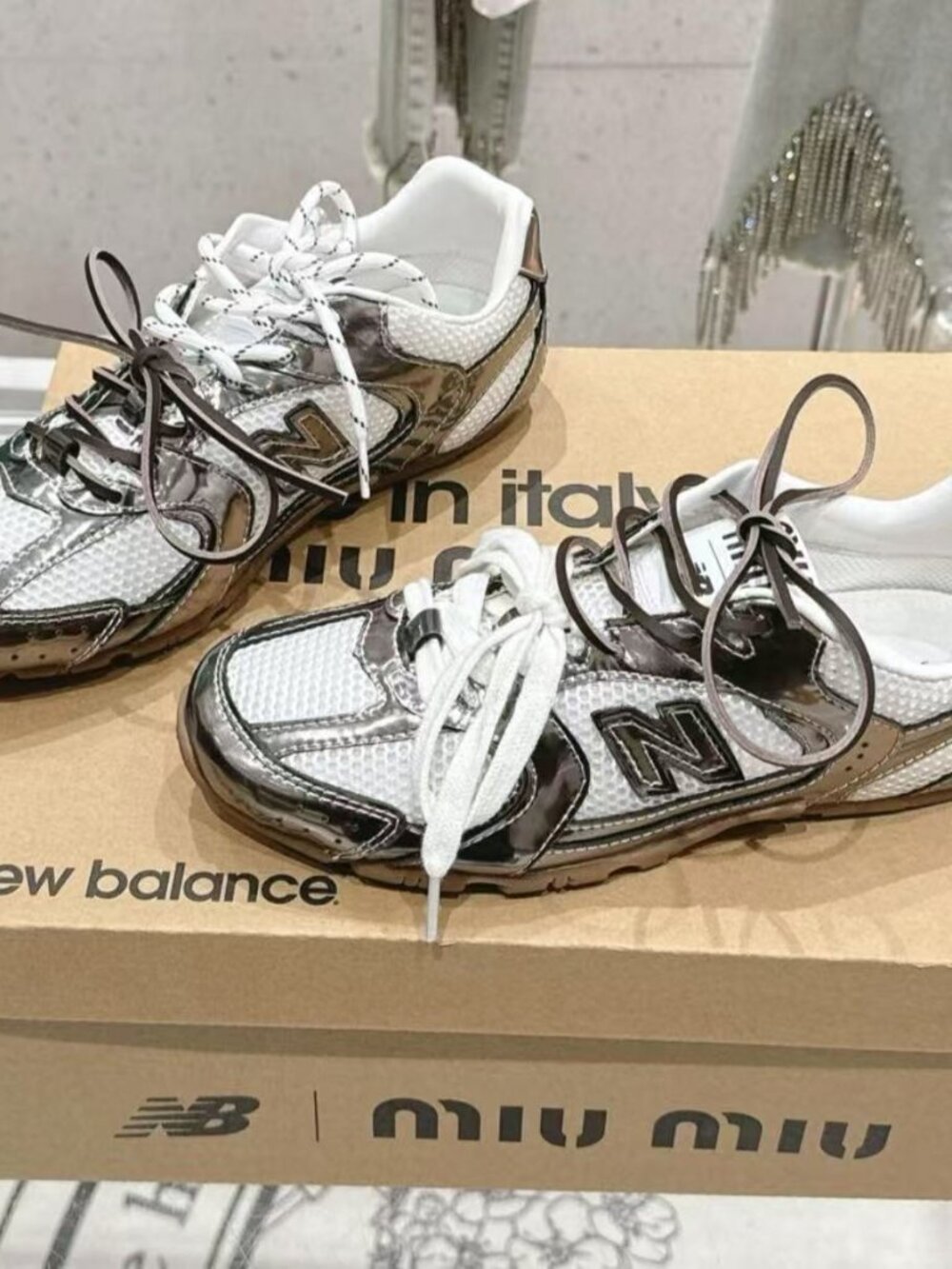 New Balance x Miu Miu Women’s Metallic Silver Sneakers Double Lace Shoes - Picture 2 of 7